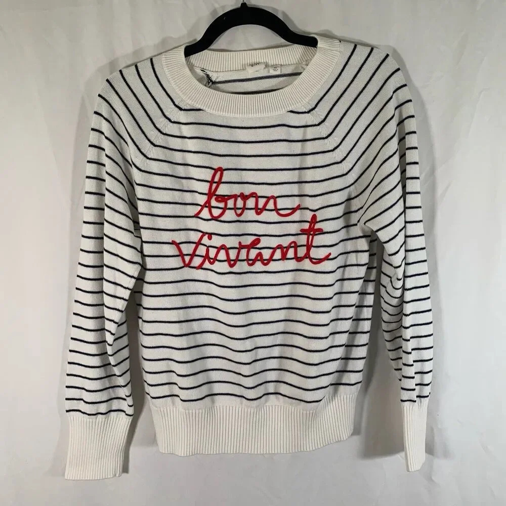 Gap Sweater Women's XS White Striped Crew Neck Knit Bon Vivant Pullover